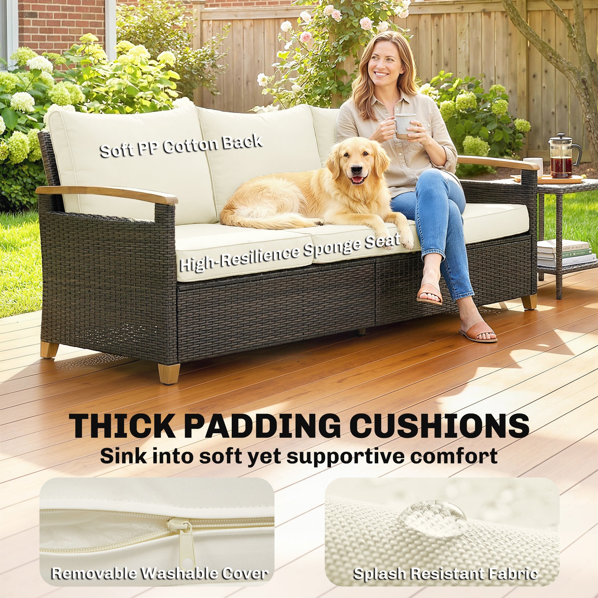 3 Seater Outdoor Couch Sofa, PE Wicker Patio Furniture Couch, Wide Seat, 4" Cushions, Wood-Effect Armrests, Cream White