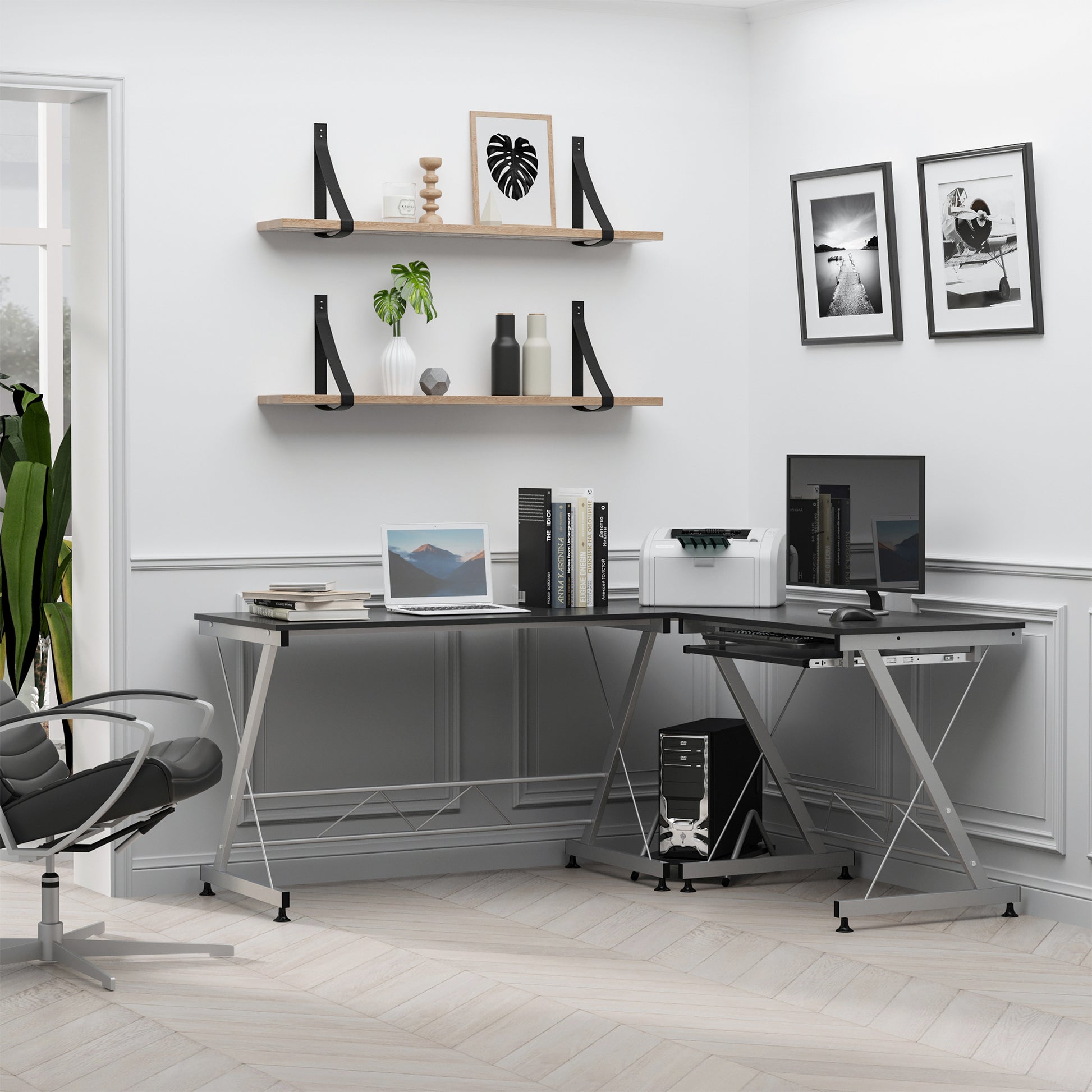 L-Shaped Computer Desk, Corner Table with Keyboard Tray for PC Laptop Desktop, Workstation Stand Home Office Furniture
