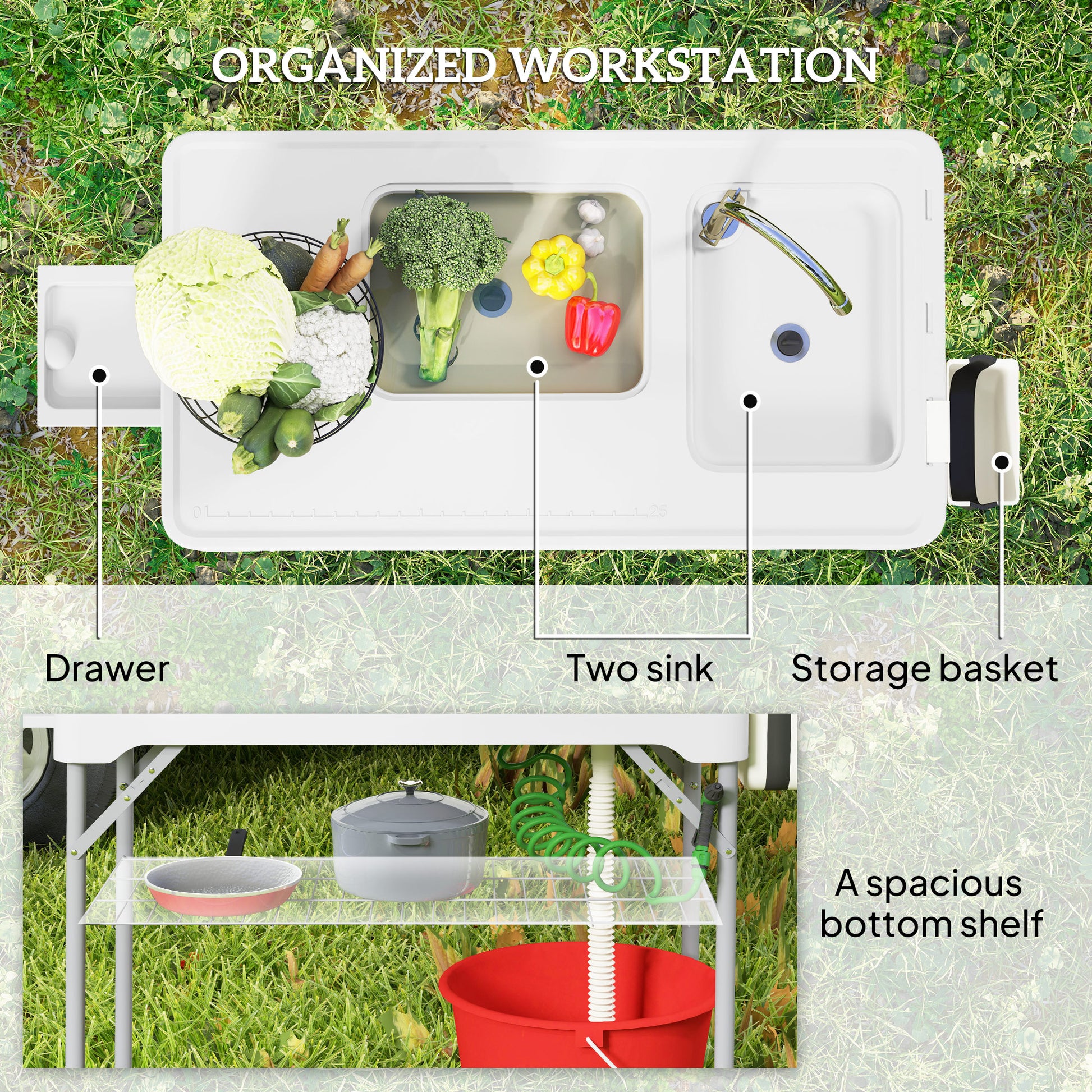 Folding Fish Cleaning Table with Sinks, Camping Sink with Faucet Drainage Hose Sprayer Shelf Drawer Storage Basket, Outdoor Sink Station for Beach Patio Picnic, White