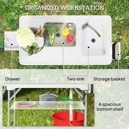 Folding Fish Cleaning Table with Sinks, Camping Sink with Faucet Drainage Hose Sprayer Shelf Drawer Storage Basket, Outdoor Sink Station for Beach Patio Picnic, White