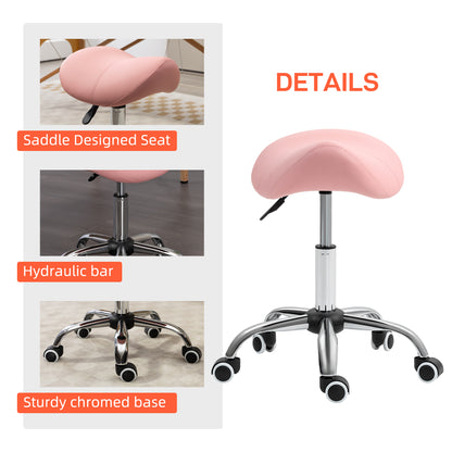 Cosmetic Stool 360° Rotate Height Adjustable Salon Massage Spa Chair Hydraulic Rolling Faux Leather Saddle Stool, Pink