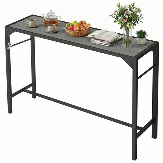 Bar Height Outdoor Table with Built-In Bottle Opener, Patio Bar Table with Wood Grain Plastic Top, 55" x 15" x 39"
