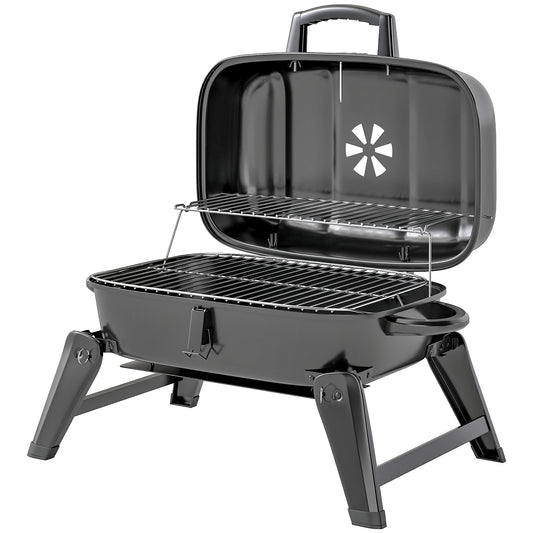Charcoal BBQ Grill, Foldable Barbecue Grill with Warming Rack, Adjustable Vent, Thermometer, Handles, Black
