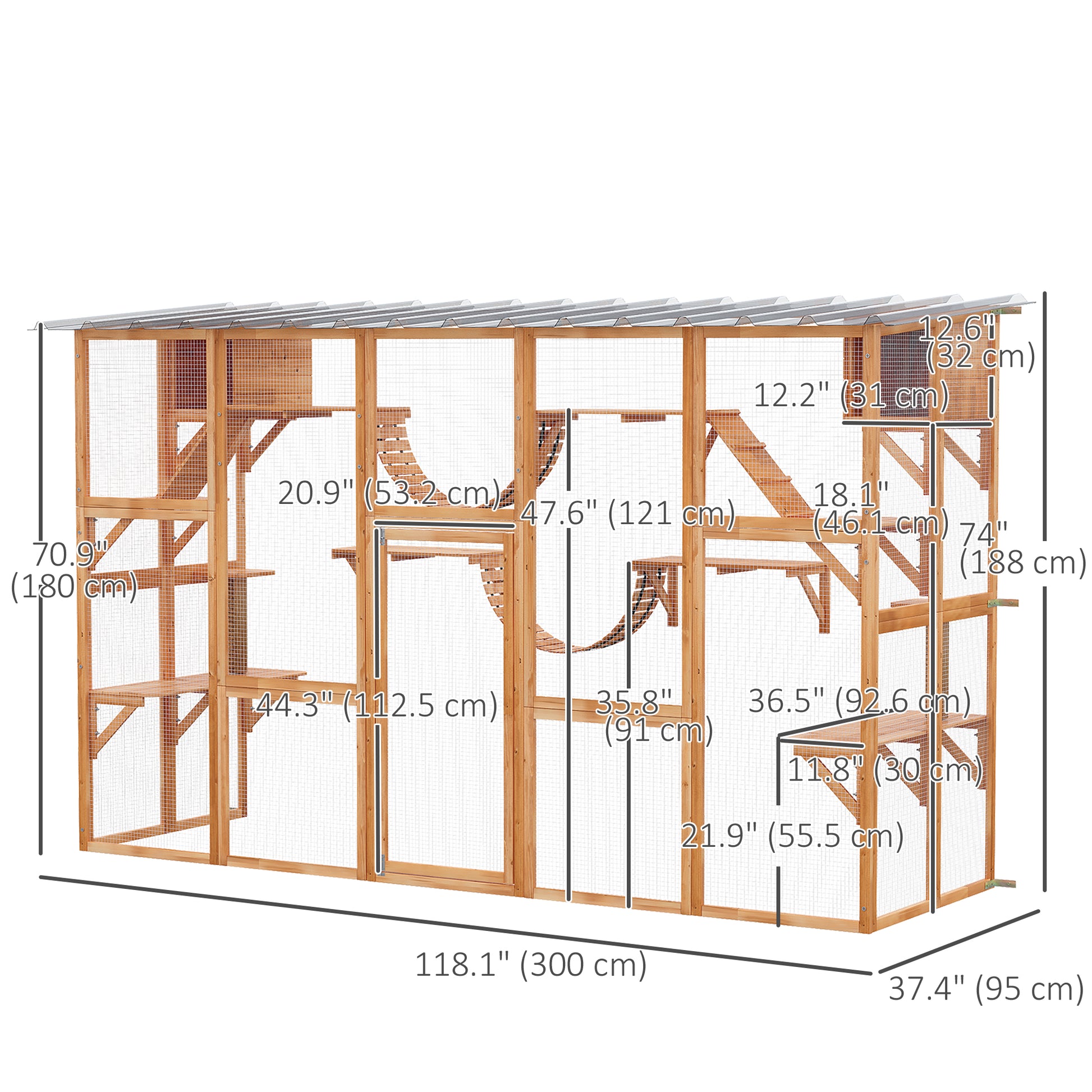 Large Outdoor Catio with Condos, Platforms, Doors, Ladders, Weather-Resistant Roof, Orange
