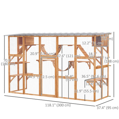 Large Outdoor Catio with Condos, Platforms, Doors, Ladders, Weather-Resistant Roof, Orange
