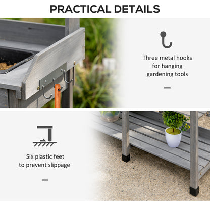 Potting Bench Table Garden Work Bench Workstation with Drawer, Removable Sink, Storage Shelves and Hooks for Patio, Courtyards, Balcony