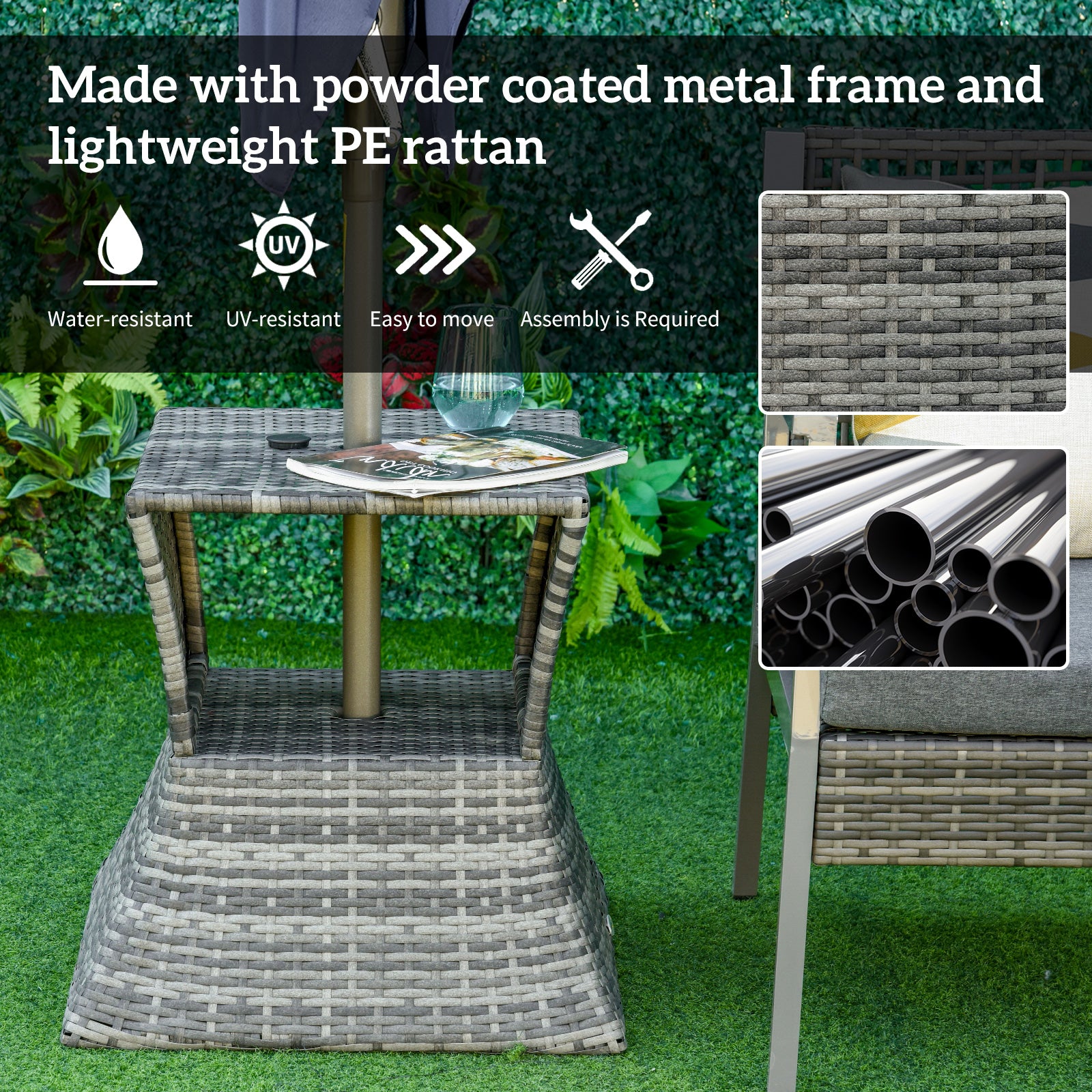 Rattan Wicker Side Table, 21.3" Square Outdoor End Table with Umbrella Hole 2-Tier Storage for Patio Garden Mixed Grey