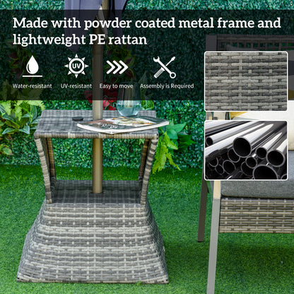 Rattan Wicker Side Table, 21.3" Square Outdoor End Table with Umbrella Hole 2-Tier Storage for Patio Garden Mixed Grey