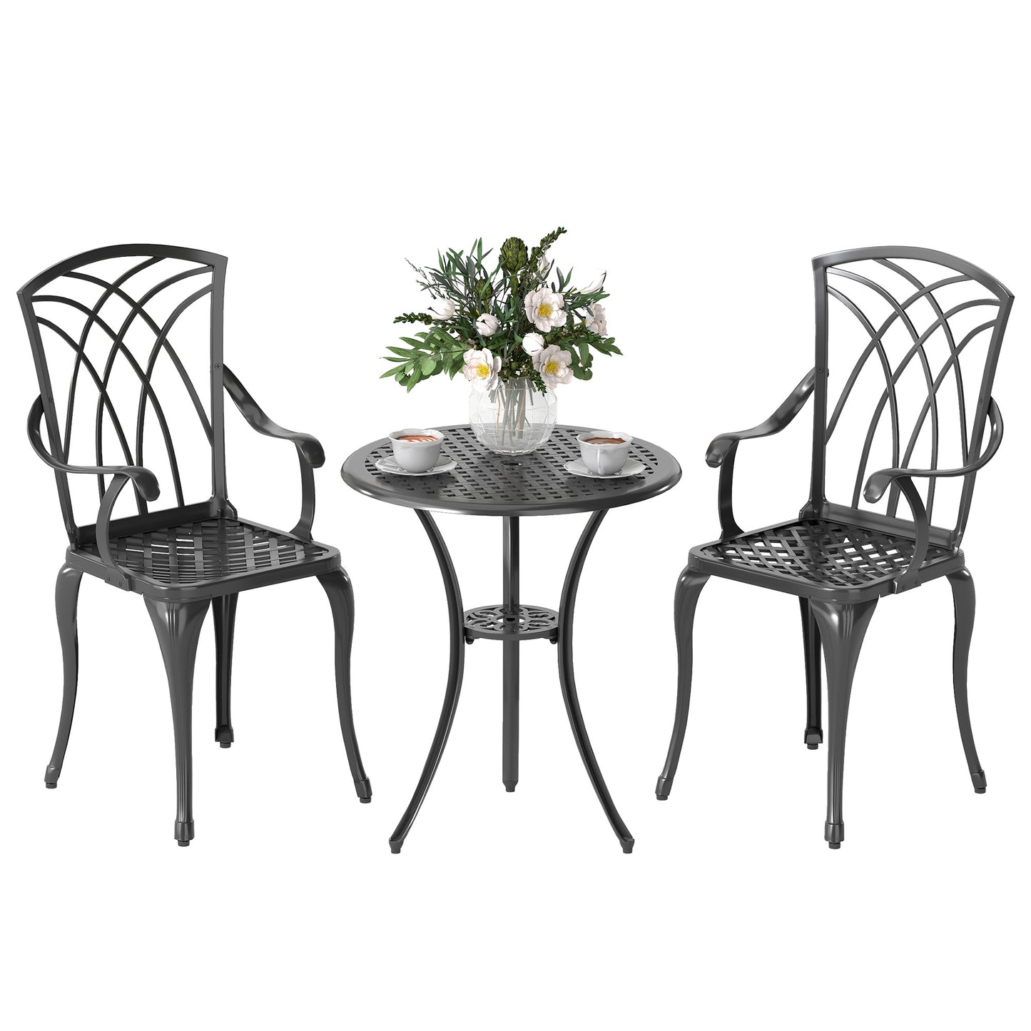 3 Pieces Patio Bistro Set, Cast Aluminum Outdoor Conversation Furniture Set, Coffee Table with Umbrella Hole, 2 Armchairs, Brown