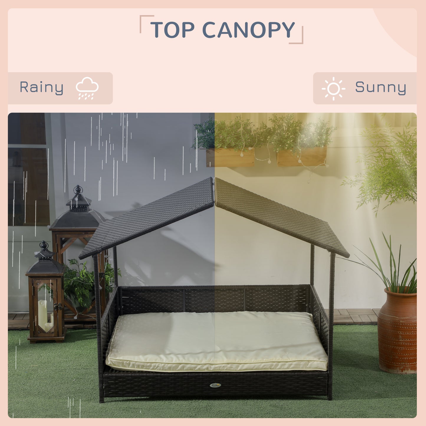 Rattan Dog House with Canopy, Wicker Dog Bed with Water-Resistant Cushion, for Small and Medium Breeds Cream White