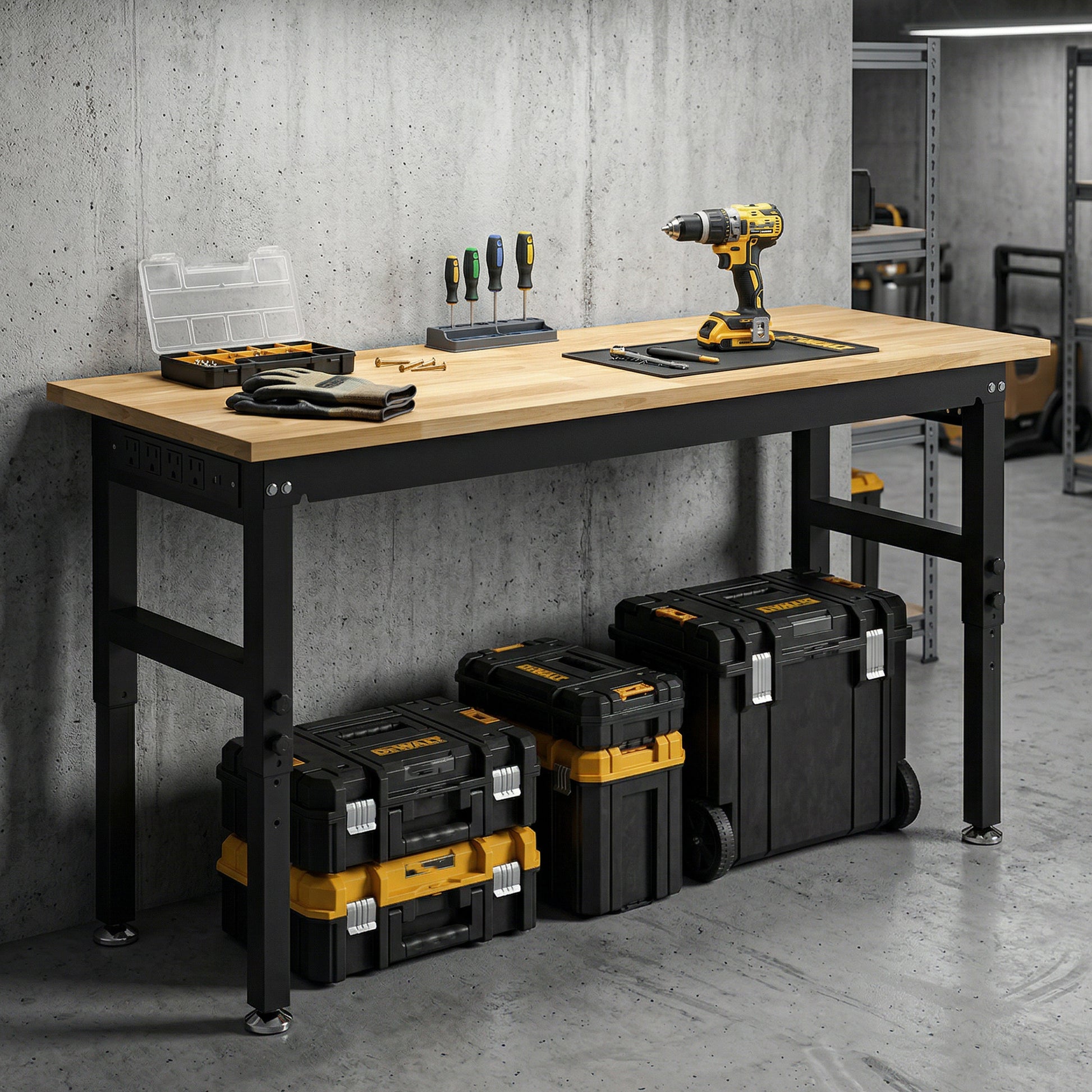 48" Adjustable Workbench, Heavy Duty Work Table with Rubber Wood Top, Power Outlets, Pegboard, 2000 LBS Capacity