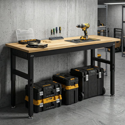 48" Adjustable Workbench, Heavy Duty Work Table with Rubber Wood Top, Power Outlets, Pegboard, 2000 LBS Capacity