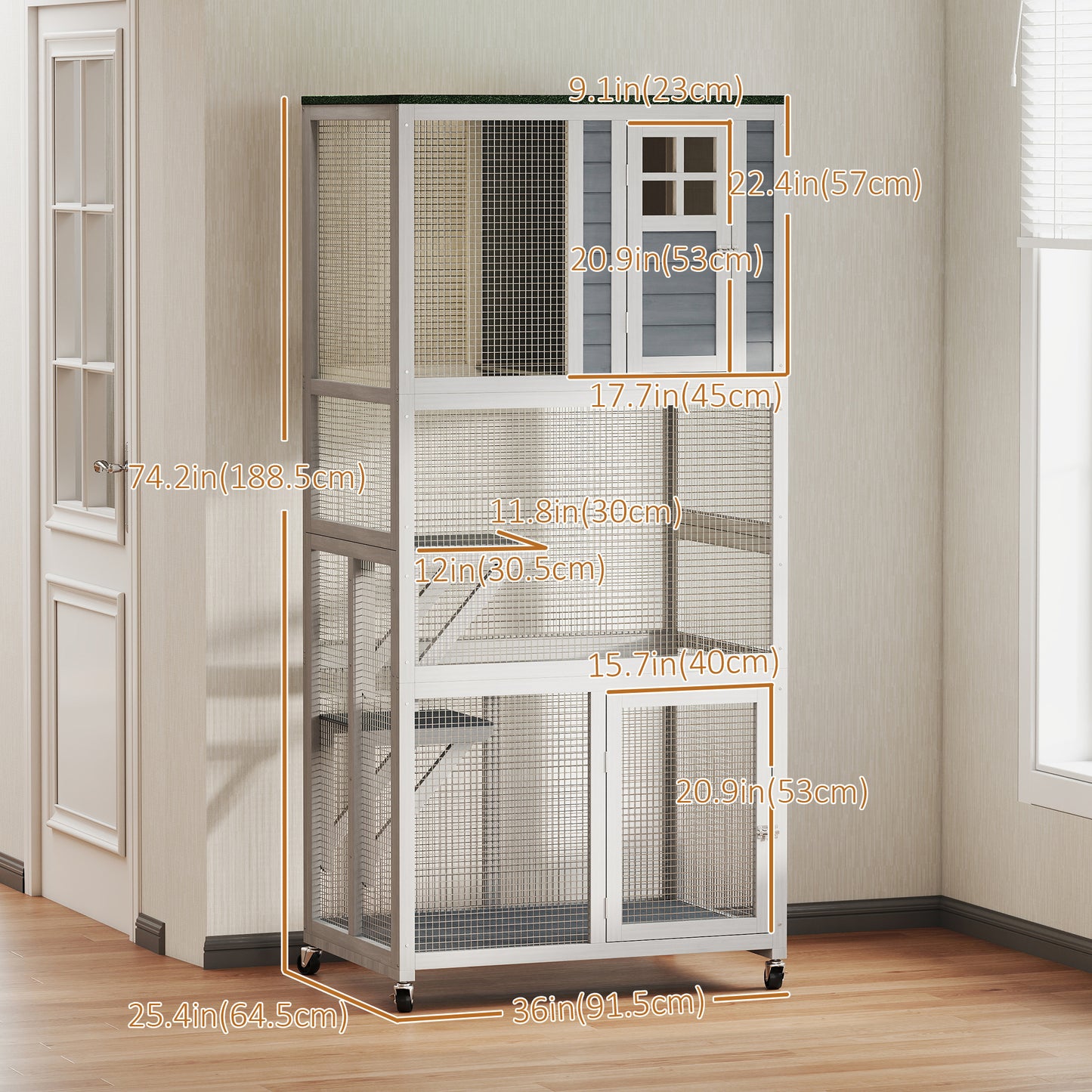 74" Wooden Outdoor Cat House Weatherproof & Wheeled with High Weight Capacity, Kitten Cage Condo, White