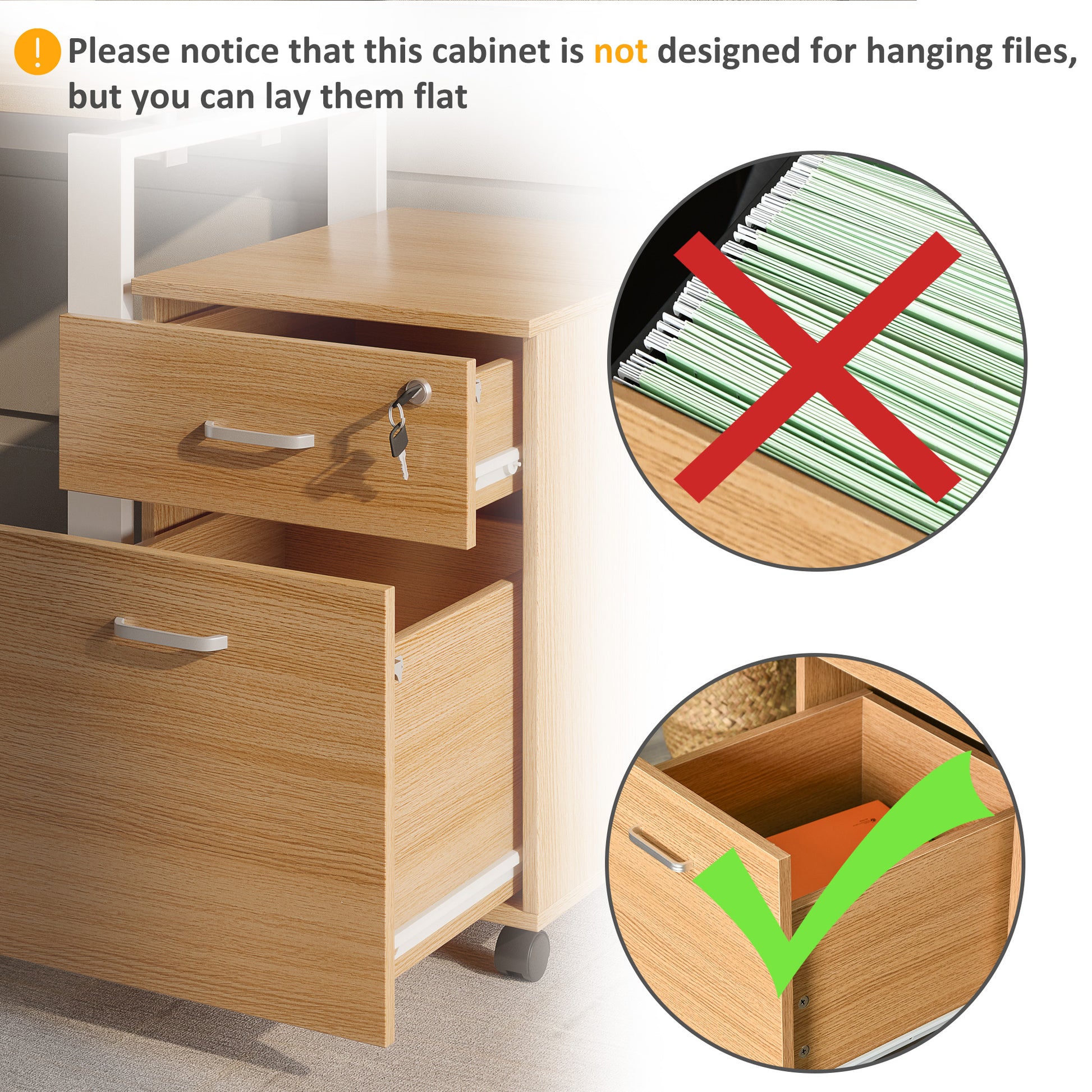 2 Drawer File Cabinet with Lock and Keys, Mobile Vertical Filing Cabinet with Wheels and Drawers, Home Office Cabinet, Natural