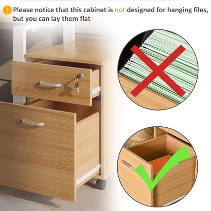 2 Drawer File Cabinet with Lock and Keys, Mobile Vertical Filing Cabinet with Wheels and Drawers, Home Office Cabinet, Natural