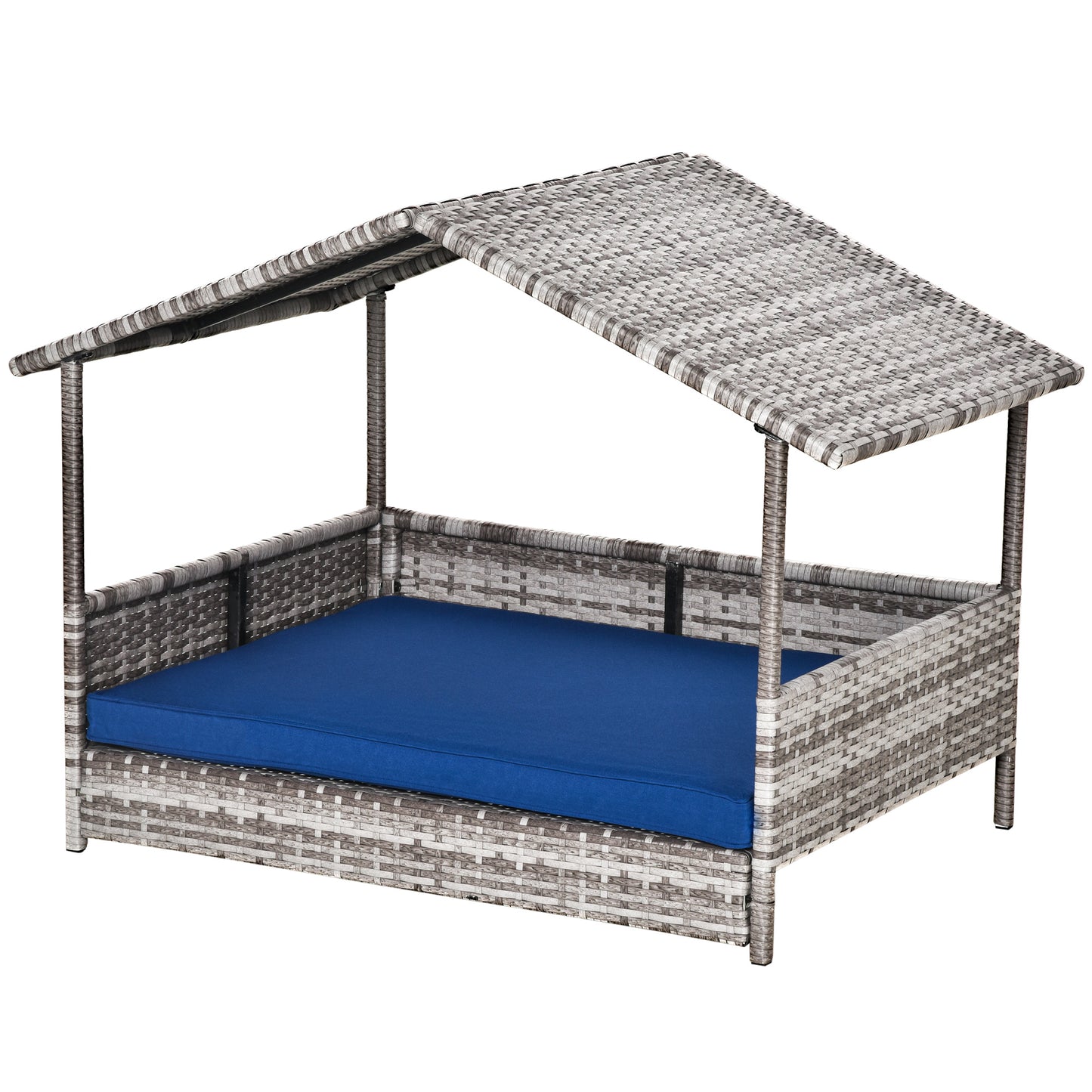 Rattan Dog House with Canopy, Wicker Dog Bed with Water-Resistant Cushion, for Small and Medium Breeds Dark Blue