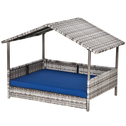 Rattan Dog House with Canopy, Wicker Dog Bed with Water-Resistant Cushion, for Small and Medium Breeds Dark Blue