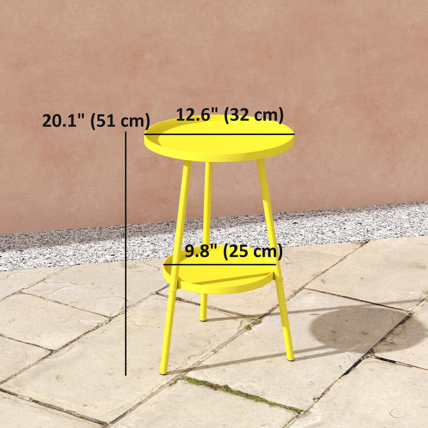 Round Garden Table, 2-Tier Small Side Table, Metal Patio Table Coffee Table Dining Table, Yellow