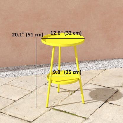 Round Garden Table, 2-Tier Small Side Table, Metal Patio Table Coffee Table Dining Table, Yellow