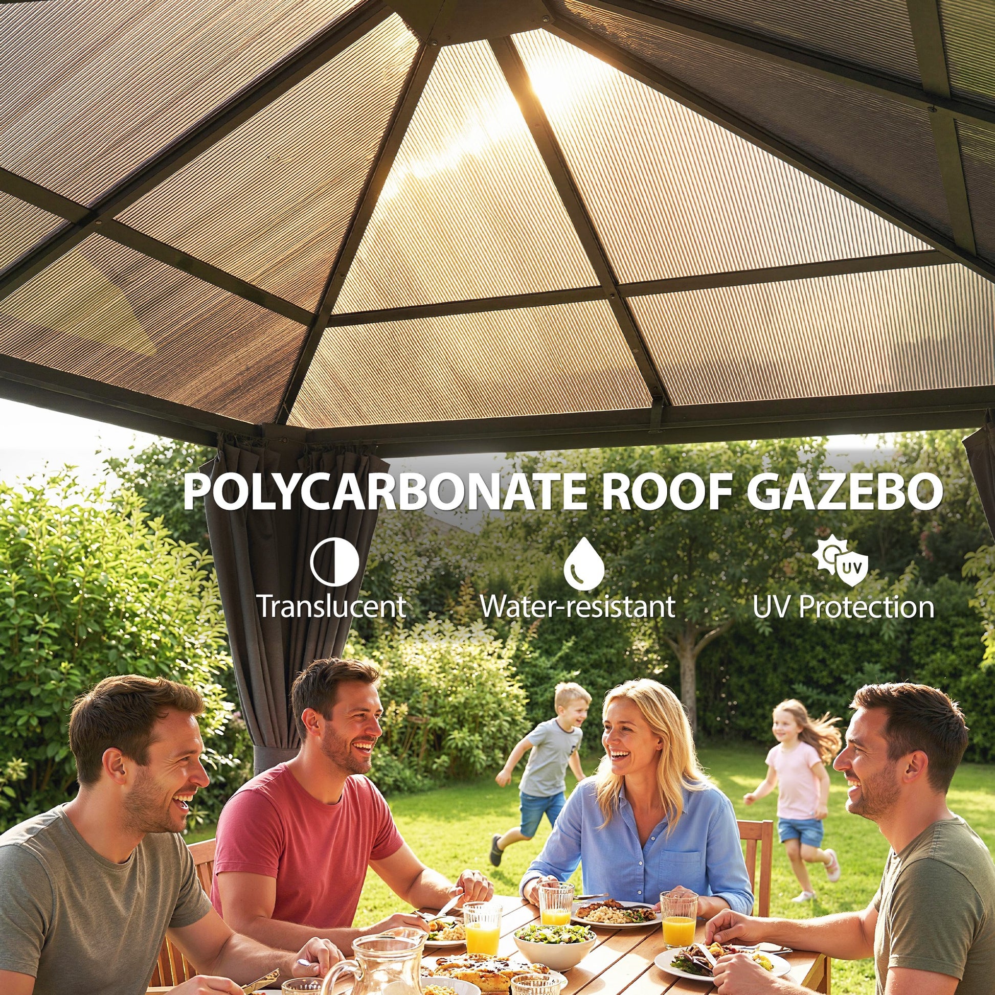 10' x 10' Outdoor Hardtop Gazebo Canopy with UV50+ Polycarbonate Roof, Steel Frame, Central Hook, Curtains, Light Grey