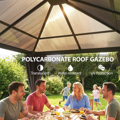 10' x 10' Outdoor Hardtop Gazebo Canopy with UV50+ Polycarbonate Roof, Steel Frame, Central Hook, Curtains, Light Grey