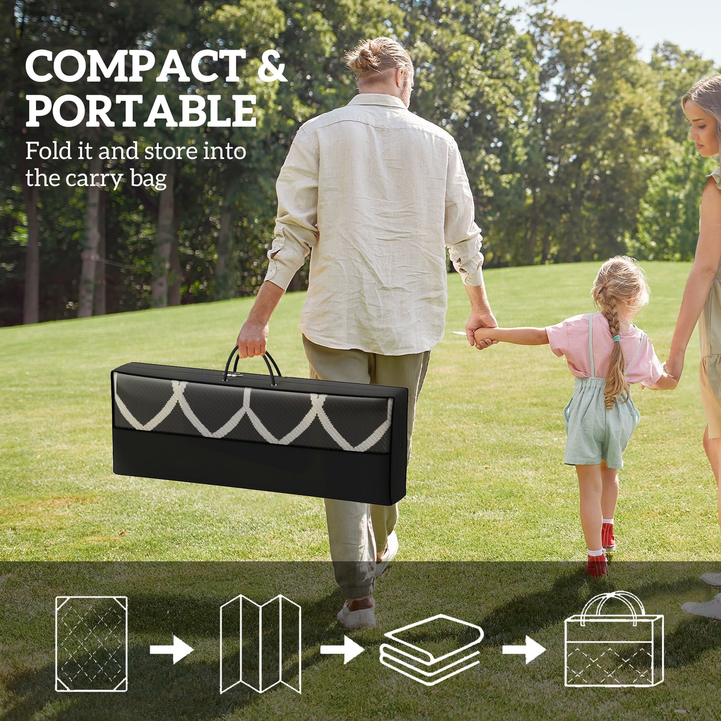 9' x 18' Outdoor RV Rug, Reversible Patio Floor Mat with Carry Bag, Lantern, Black and Grey