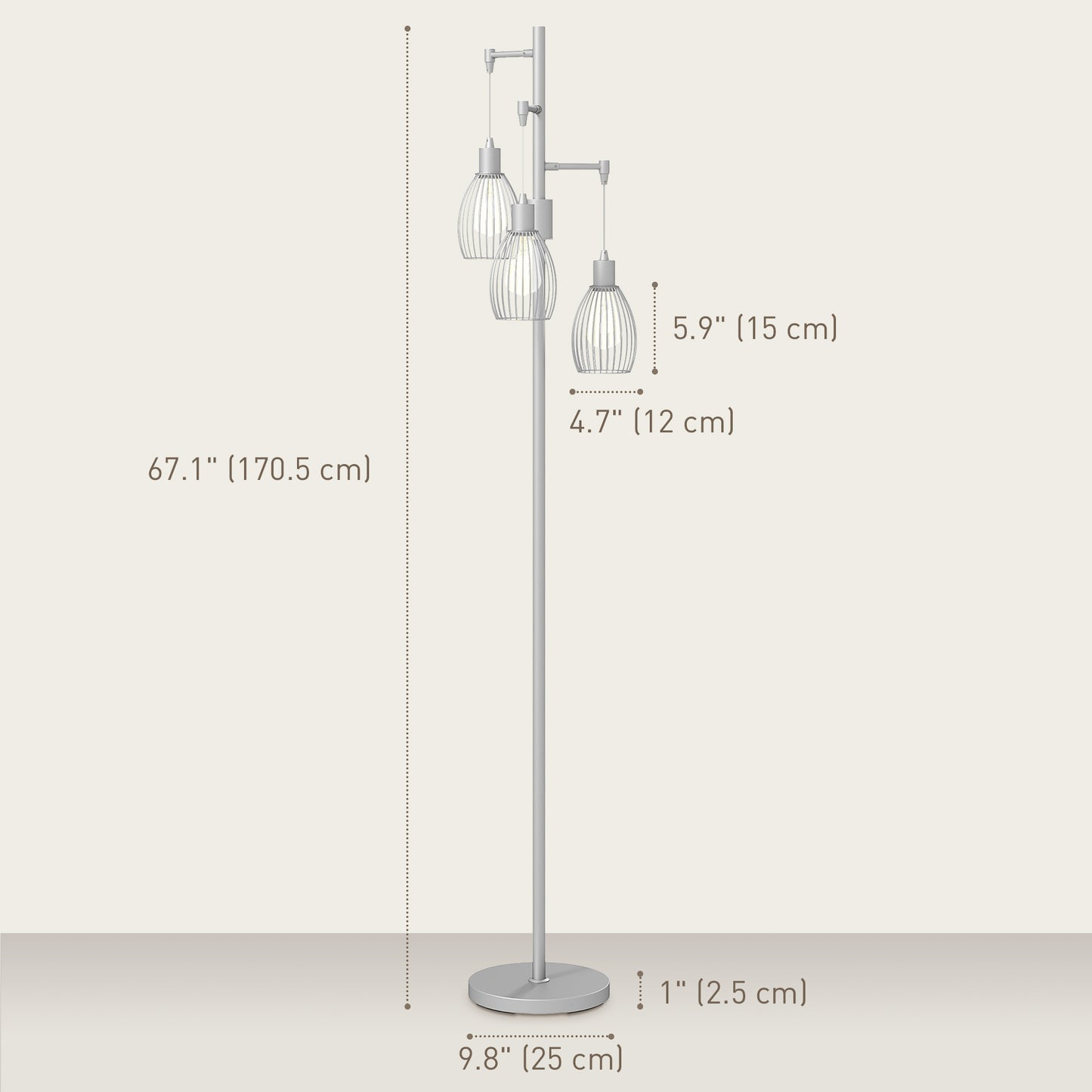 Industrial Floor Lamp with 3 Hanging Wire Lampshades, Dimmable Standing Lamp for Living Room, Silver