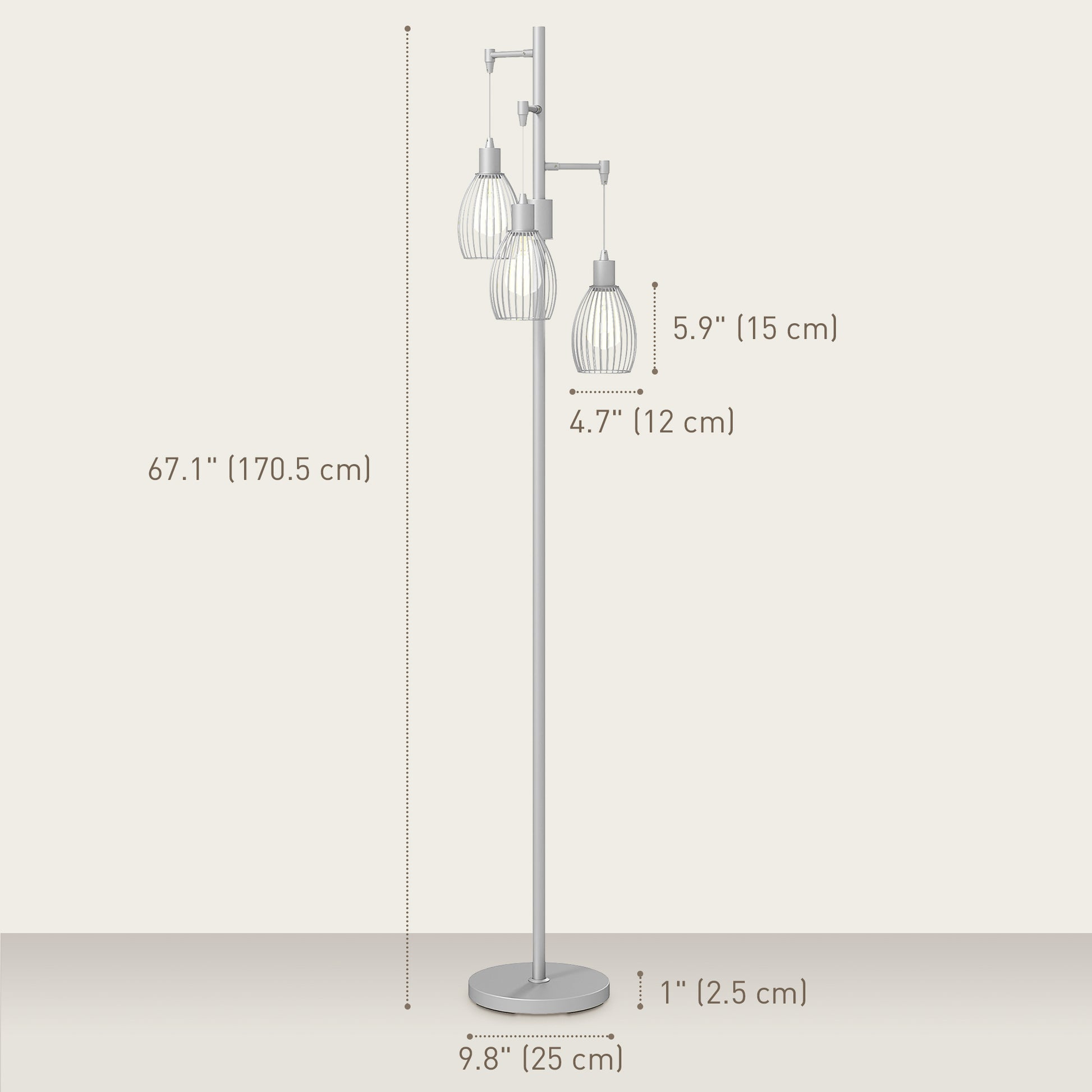 Industrial Floor Lamp with 3 Hanging Wire Lampshades, Dimmable Standing Lamp for Living Room, Silver