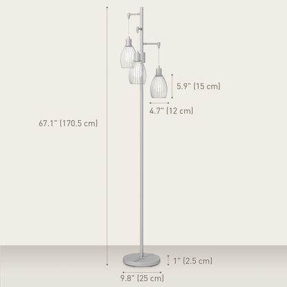 Industrial Floor Lamp with 3 Hanging Wire Lampshades, Dimmable Standing Lamp for Living Room, Silver