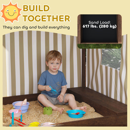 Qaba Kids Sandbox with Full Covered Canopy, Bench Seats, Bottom Liner, for Ages 3-6, 56" x 40" x 52", Brown