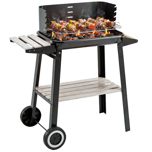 Trolley Charcoal BBQ Barbecue Grill Outdoor Patio Garden Heating Smoker with Side Trays Storage Shelf and Wheels