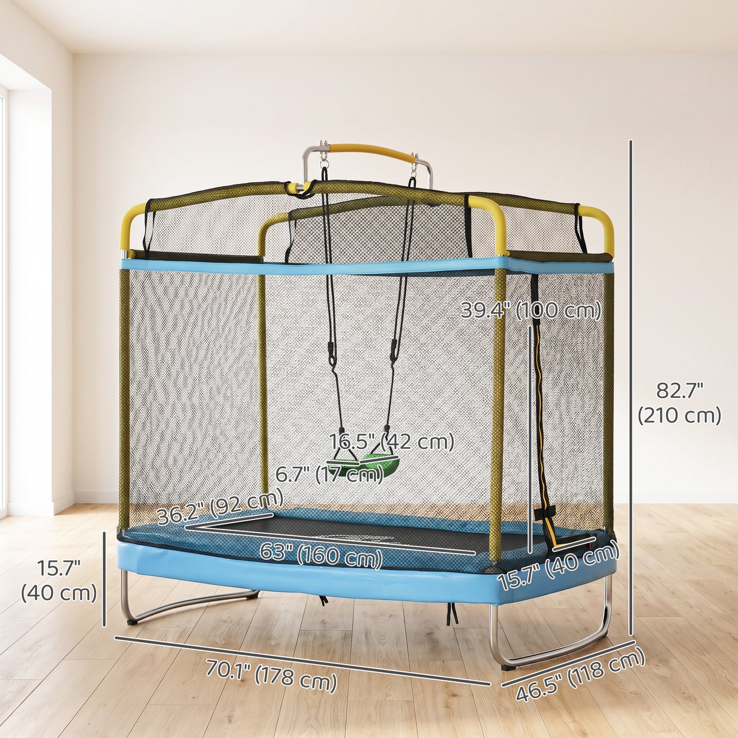 Qaba 6.9FT Kids Trampoline with Safety Net, Gymnastics Bar, Swing, Toddler Trampoline for 3-6 Years Old Indoor/Outdoor