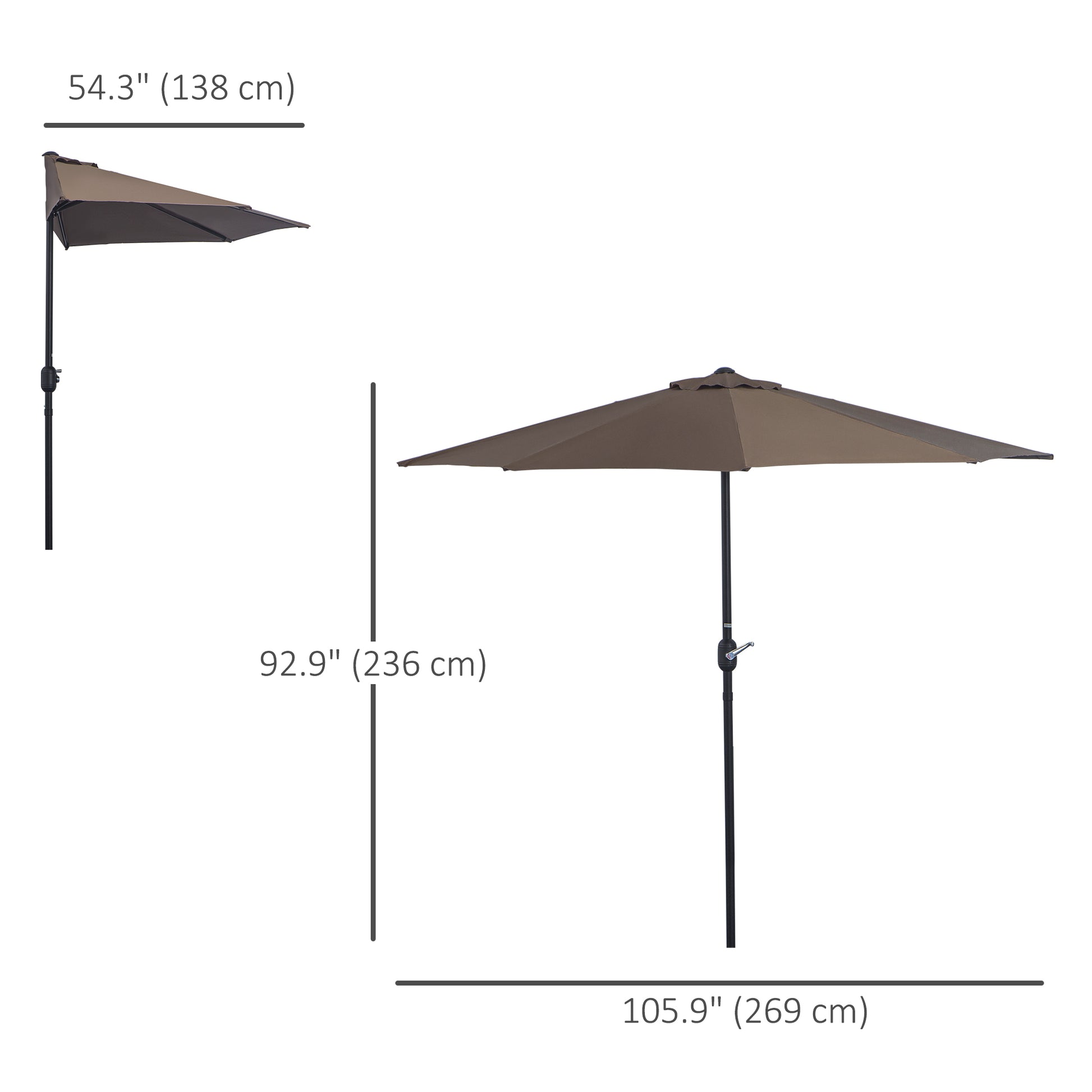 9ft Half Round Umbrella Outdoor Patio Garden Balcony Parasol Window Sun Shade w/ 5 Ribs Coffee