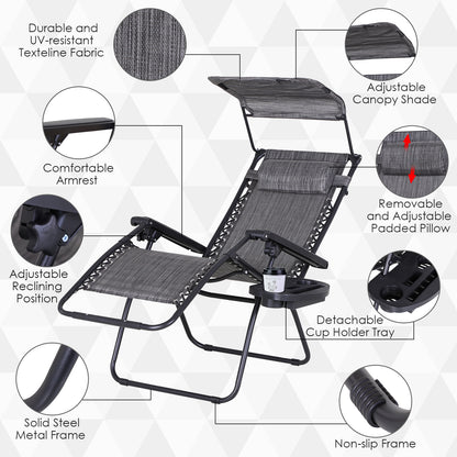 Zero Gravity Chair Set of 2 with Canopy Shade, Outdoor Folding Lounge Chair with Side Tray, Cup Holder, Reclining Lounger with Breathable Mesh Seat and Pillow, Dark Grey
