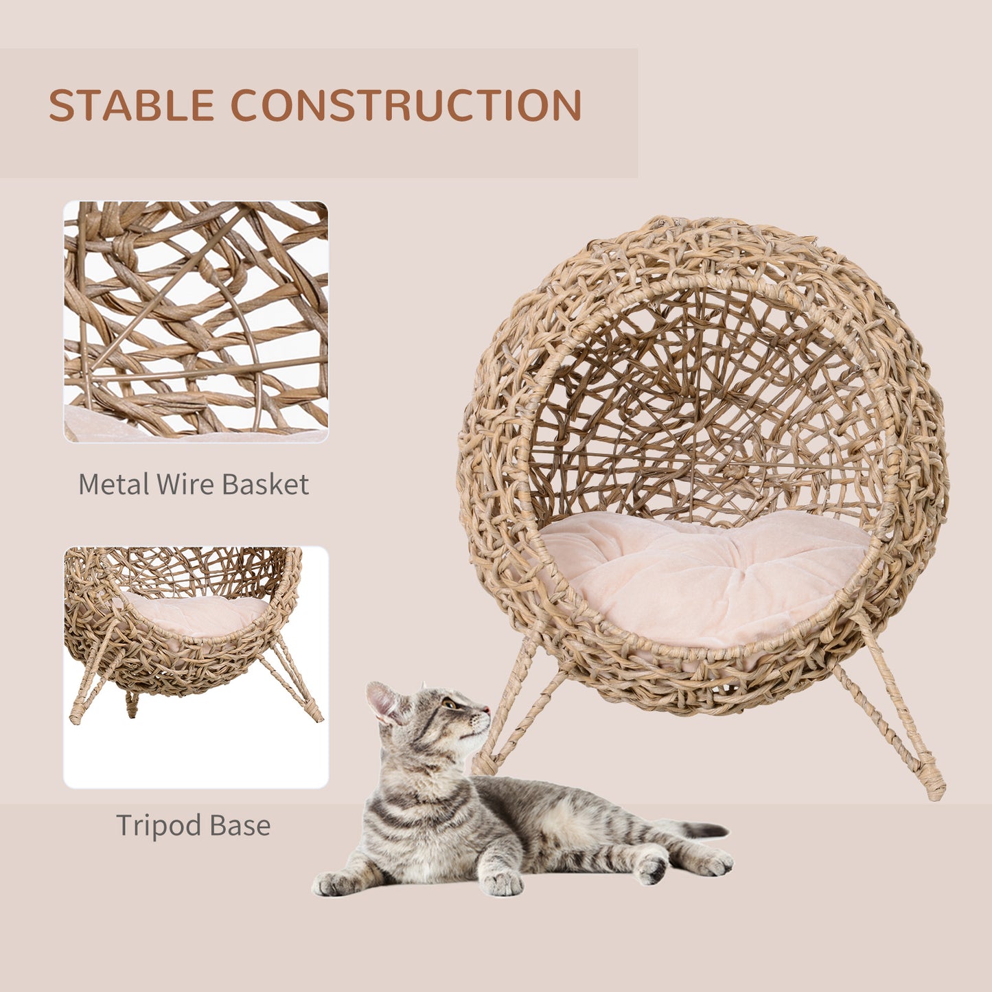 Rattan Cat House with Cushion, Elevated Wicker Kitten Bed for Indoor Cats, Natural Wood