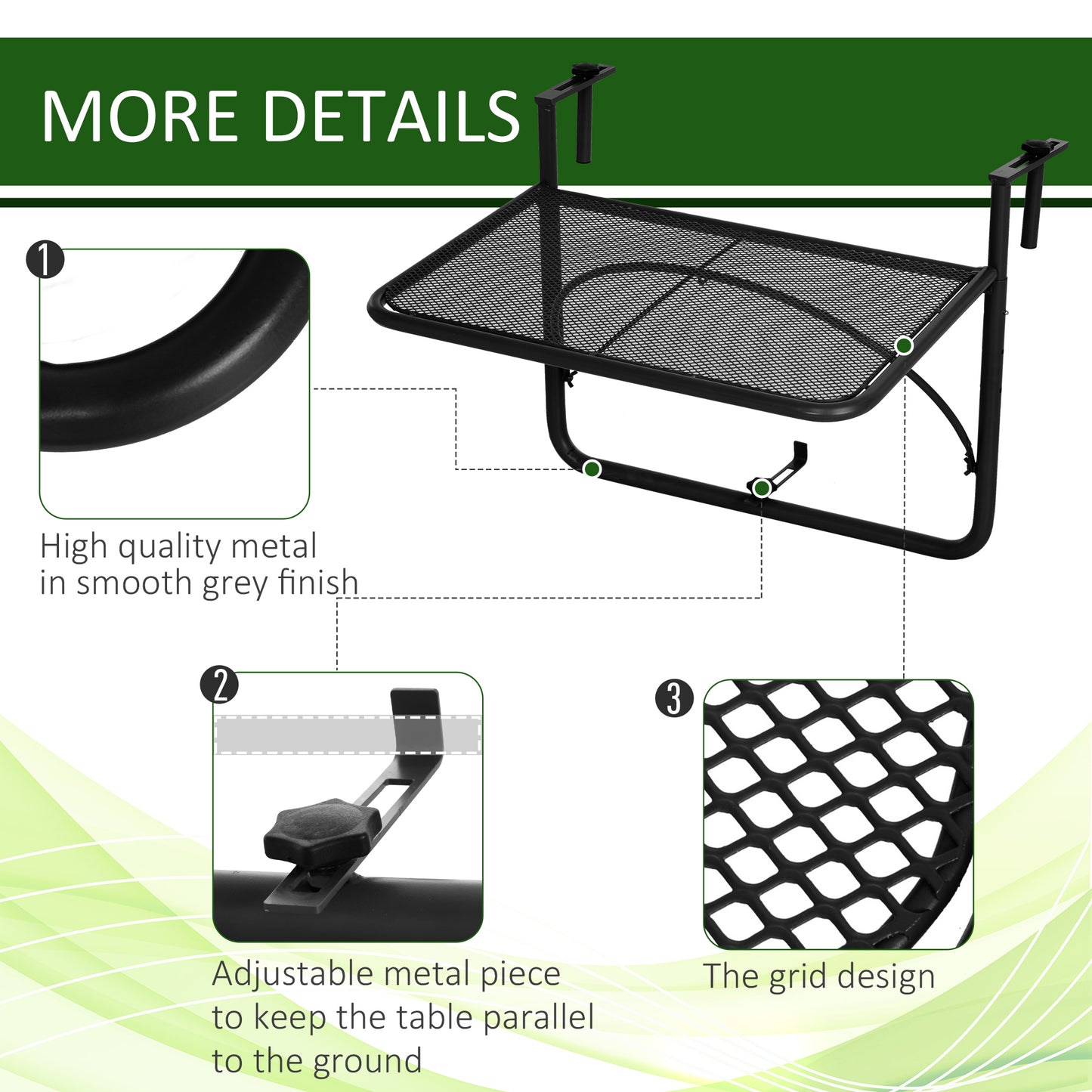 Adjustable Balcony Hanging Railing Table, Metal Mounting Mini Wall Desk Storage Rack, Outdoor Flower Stand Serving Table Rectangle, Black