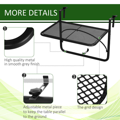 Adjustable Balcony Hanging Railing Table, Metal Mounting Mini Wall Desk Storage Rack, Outdoor Flower Stand Serving Table Rectangle, Black