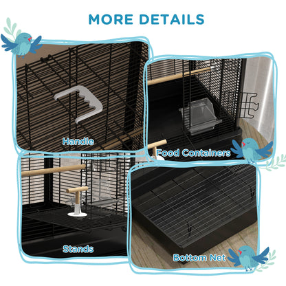 22" Bird Cage for Budgie Finches Canaries Love Birds with Wooden Stands, Slide-Out Tray, Handles, Food Containers, Black