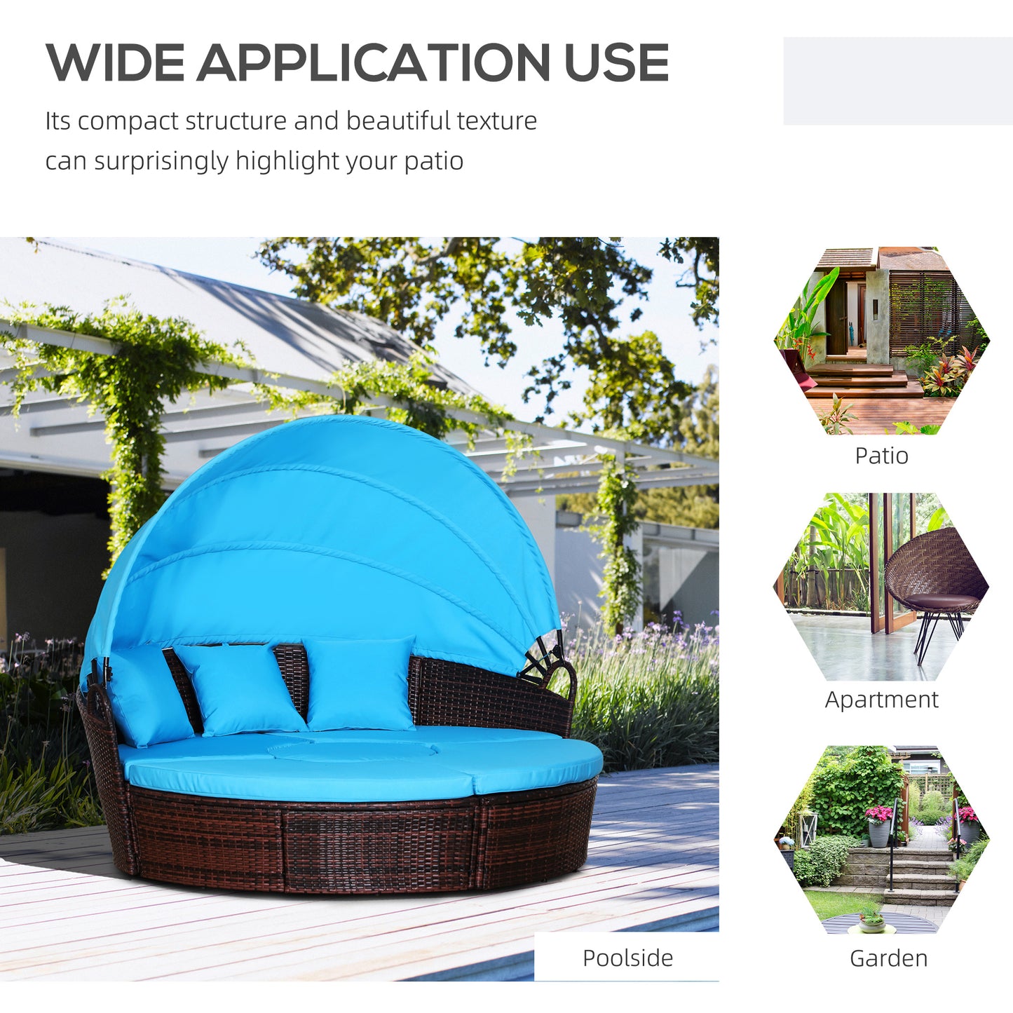 4 Pieces Outdoor Daybed with Retractable Canopy, PE Rattan Wicker Round Sofa Day Bed, Patio Sectional Conversation Furniture Set with Cushions and Pillows, Light Blue