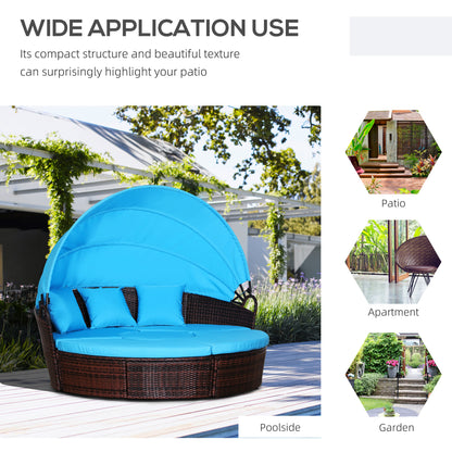 4 Pieces Outdoor Daybed with Retractable Canopy, PE Rattan Wicker Round Sofa Day Bed, Patio Sectional Conversation Furniture Set with Cushions and Pillows, Light Blue