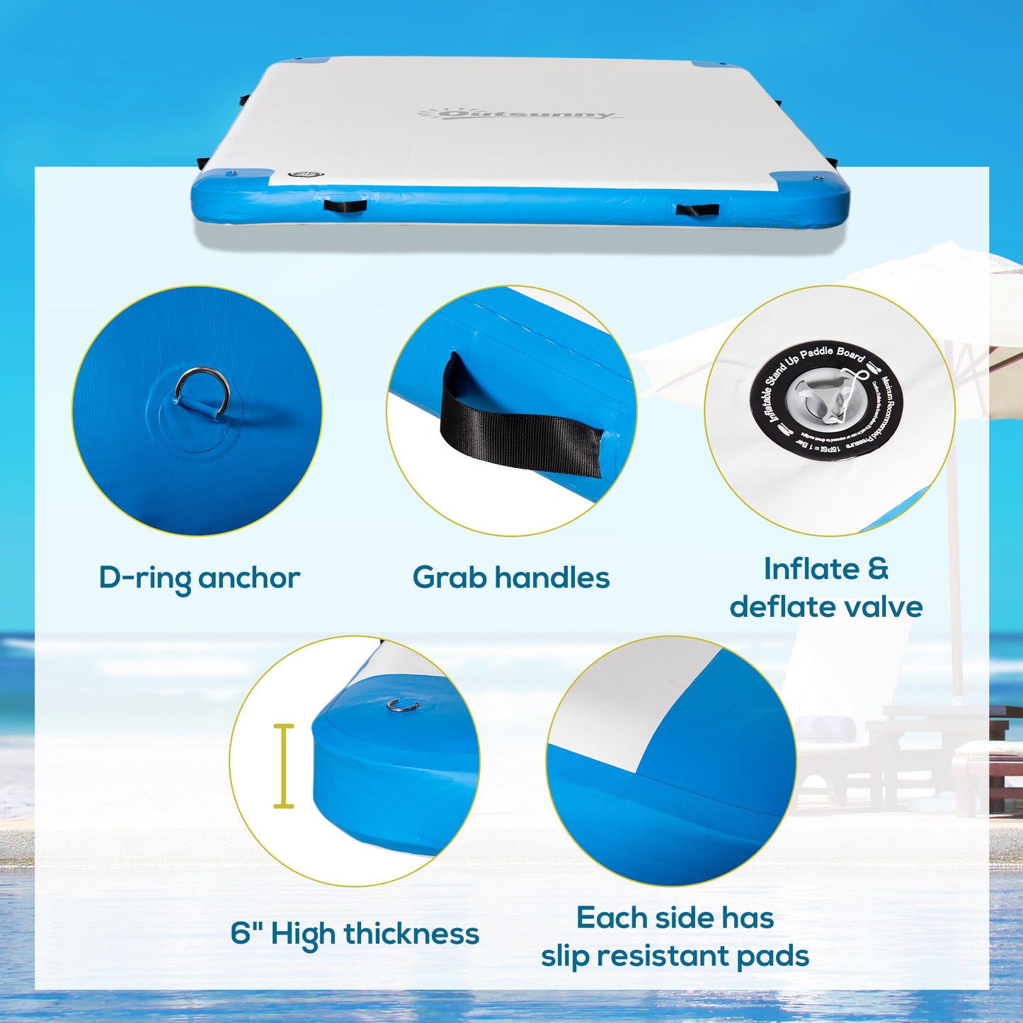 10' x 7' Water Floating Dock, Rafting Inflatable Island with Air Pump and Backpack for Pool, Beach, Ocean, Blue