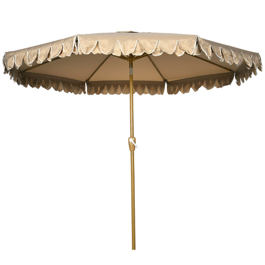 9 ft Patio Umbrella with Push Button Tilt and Crank, Double-ruffled Outdoor Market Table Umbrella Parasoll, Khaki