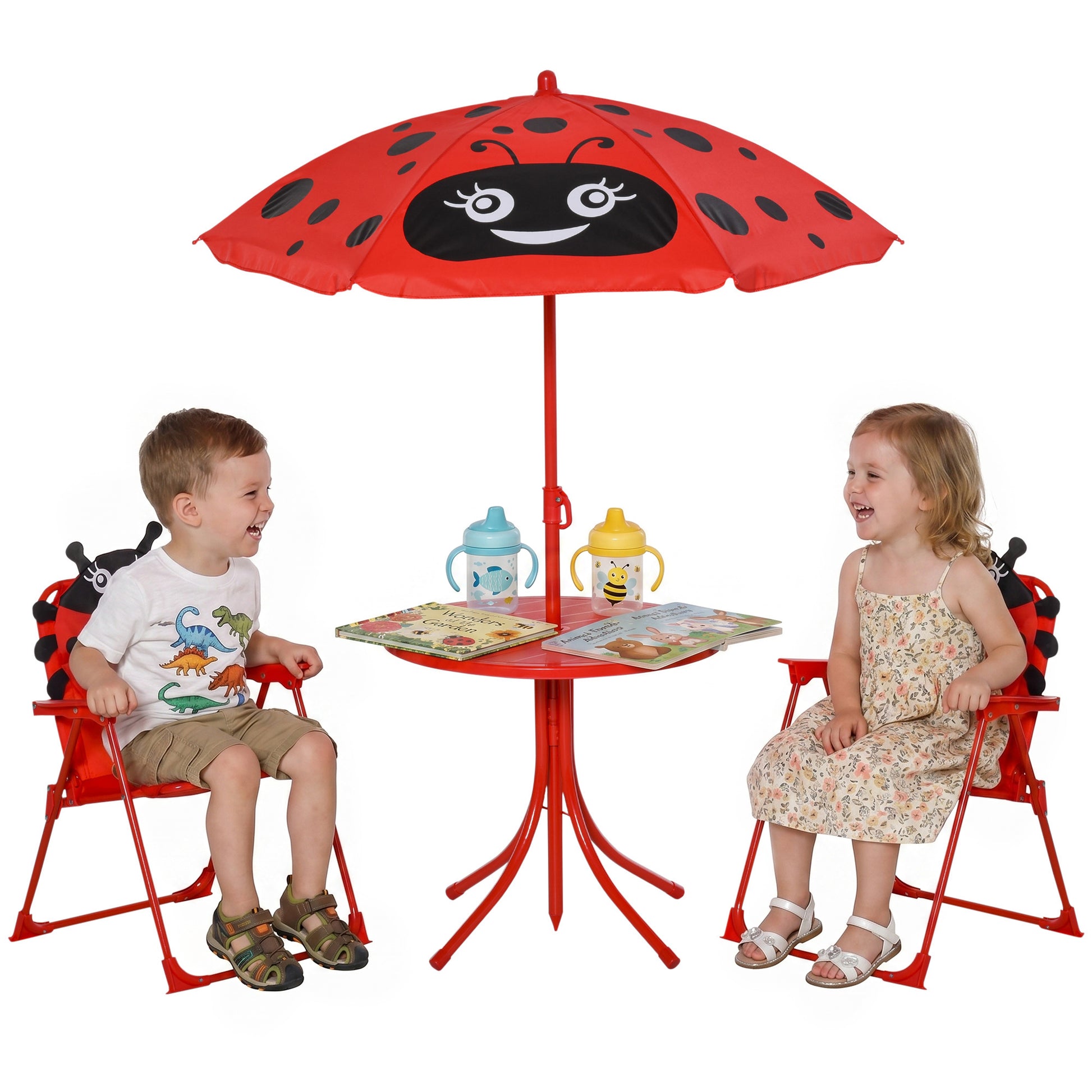 Children Table and Chair Set Outdoor, Kids Folding Picnic Table and Chair Set with Removable & Height Adjustable Sun Umbrella for Garden Backyard, Ladybug Pattern, Red