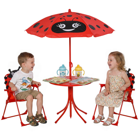 Children Table and Chair Set Outdoor, Kids Folding Picnic Table and Chair Set with Removable & Height Adjustable Sun Umbrella for Garden Backyard, Ladybug Pattern, Red