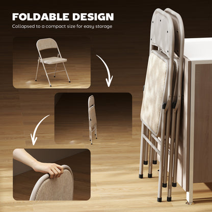 Set of 2 Metal Foldable Chairs, Faux Linen Padded Folding Chairs with Cushion Seat and Open Back for Indoor, Beige