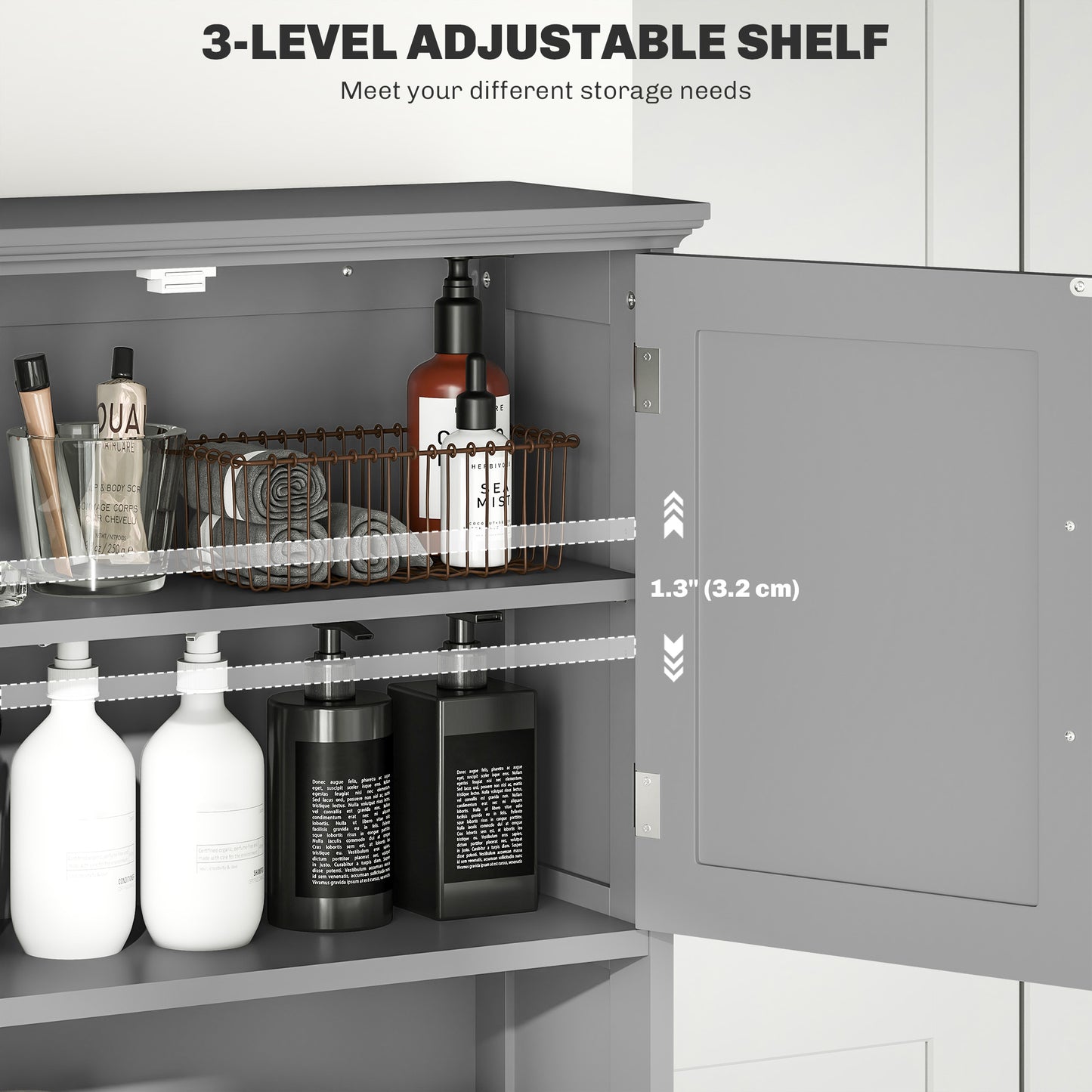 Modern Over The Toilet Storage, Bathroom Cabinets Over Toilet with Open Shelves and Double Door Cabinet, Grey