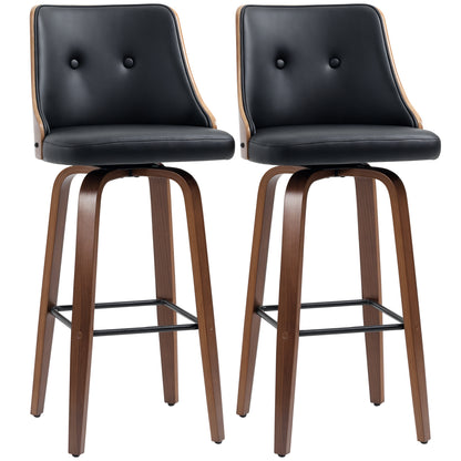 Bar Height Bar Stools Set of 2, PU Leather Upholstered Swivel Barstools with Solid Wood Legs Footrest and Tufted Back, Black