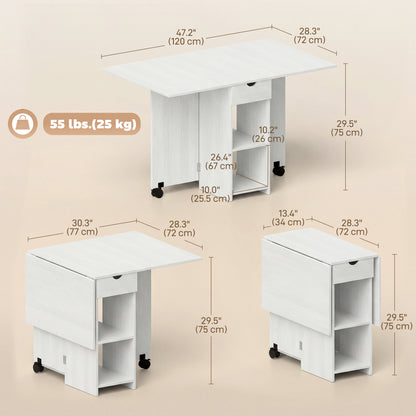 Folding Dining Table with Storage, Drop Leaf Kitchen Table with Drawer and Shelves for Small Spaces, White