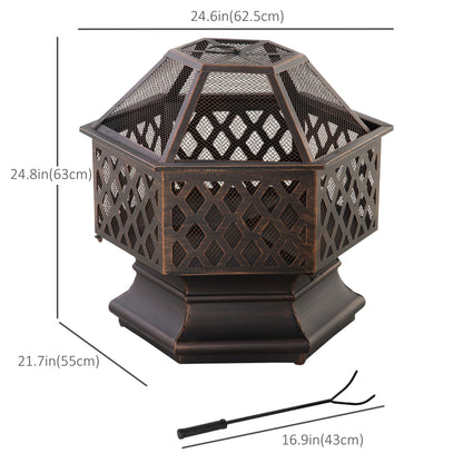 24.5" Outdoor Fire Pit with Mesh Lid, Portable Wood Burning Firebowl with Poker for Patio, Backyard, Bronze