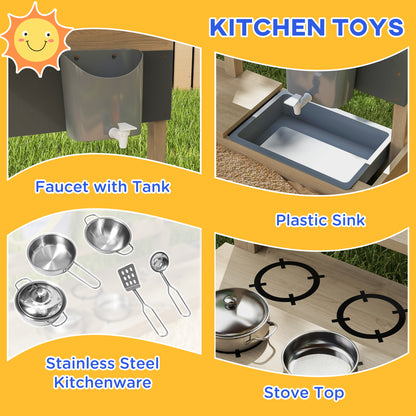 Kids Sandbox with Cover Kitchen Playset Toys, Wooden Sand Box with Seat, Storage, for 3-7 Years Old, Natural Wood